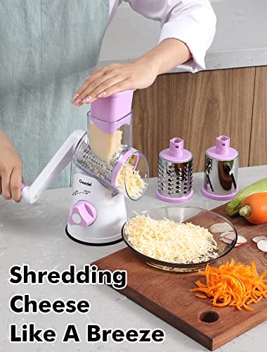 Geedel Rotary Cheese Grater, Kitchen Mandoline Vegetable Slicer with 3 Interchangeable Blades, Easy to Clean Grater for Fruit, Vegetables, Nuts