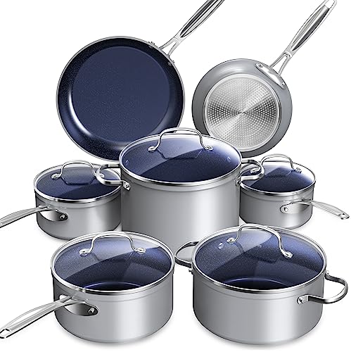 Nuwave Healthy Duralon Blue Ceramic Nonstick Cookware Set, Diamond Infused Scratch-Resistant, PFAS Free, Dishwasher & Oven Safe, Induction Ready & Evenly Heats,Tempered Glass Lids & Stay-Cool Handles