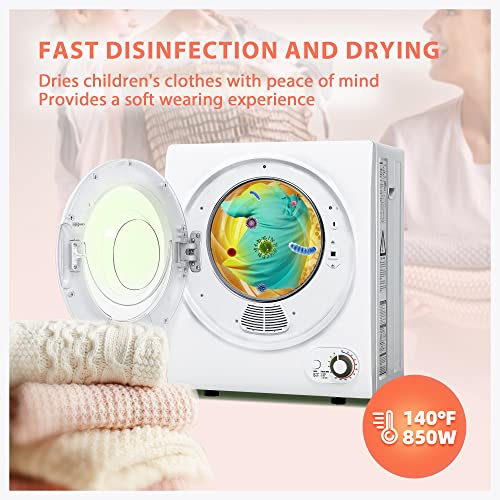 Euhomy Compact Laundry Dryer, 3.5 cu ft Front Load Stainless Steel Clothes Dryers With Exhaust Pipe, 1500W, LCD Control Panel Four-Function Portable Dryer For Apartments, Home, Dorm, White