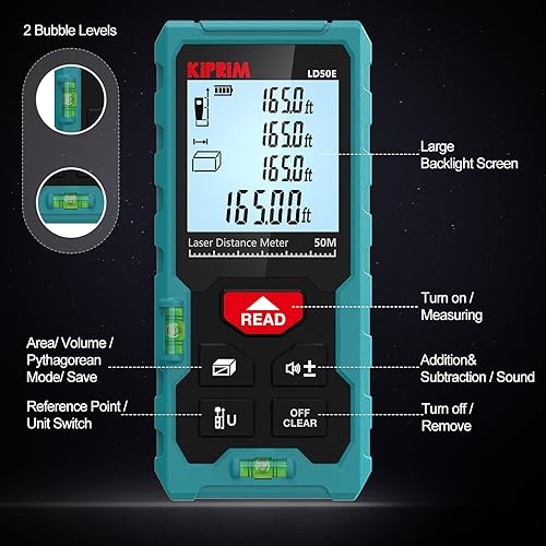 Kiprim Laser Distance Measure High Accuracy 165ft Kiprim LD50E Laser Tape Measure 50M Compact Laser Measurement Tool with Larger Backlit LCD Display,ft/m/in Switching,Bubble Level