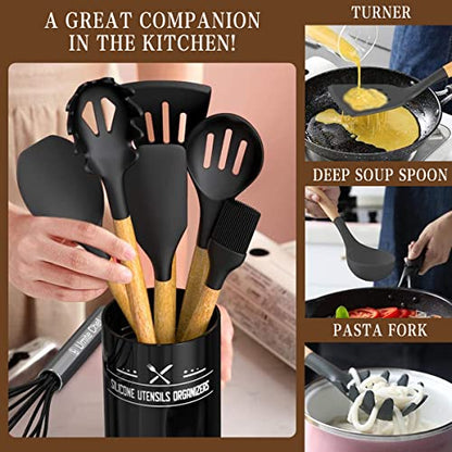 Umite Chef Kitchen Cooking Utensils Set, 33 pcs Non-Stick Silicone Cooking Kitchen Utensils Spatula Set with Holder, Wooden Handle Silicone Kitchen Gadgets Utensil Set (Khaki)