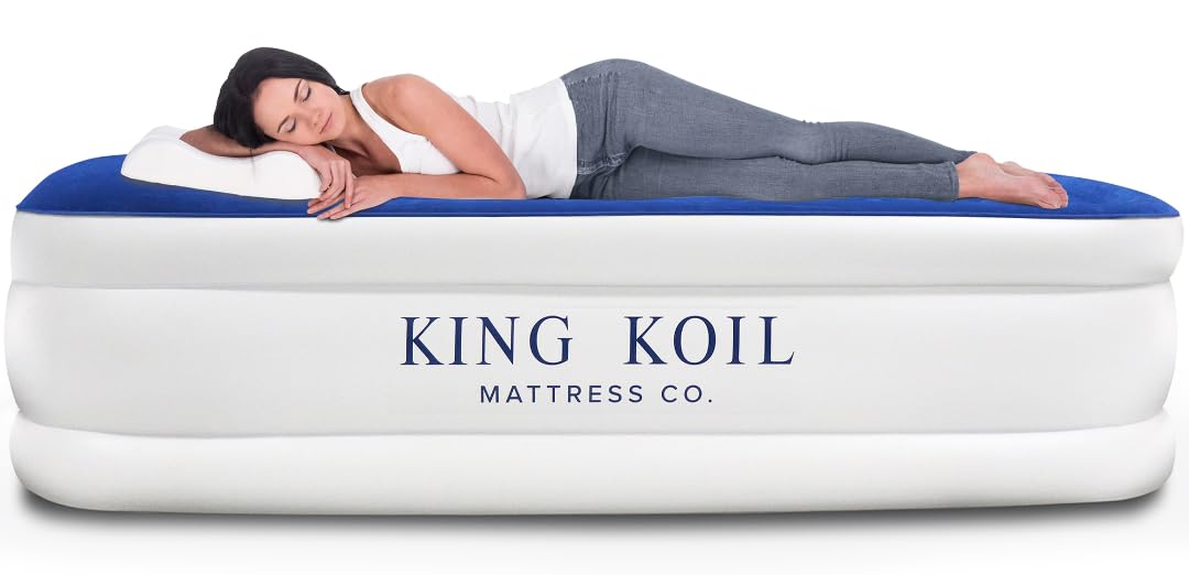 King Koil Plush Pillow Top King Air Mattress with Built-in High-Speed Pump Best for Home, Camping, Guests, 20" King Size Luxury Double Airbed Adjustable Blow Up Mattress, Waterproof, 1-Year Warranty.