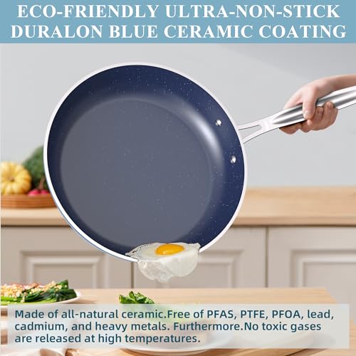 Nuwave Healthy Duralon Blue Ceramic Nonstick Cookware Set, Diamond Infused Scratch-Resistant, PFAS Free, Dishwasher & Oven Safe, Induction Ready & Evenly Heats,Tempered Glass Lids & Stay-Cool Handles