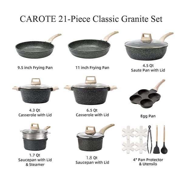 CAROTE 21Pcs Pots and Pans Set, Nonstick Cookware Sets, White Granite Induction Cookware Non Stick Cooking Set w/Frying Pans & Saucepans(PFOS, PFOA Free)