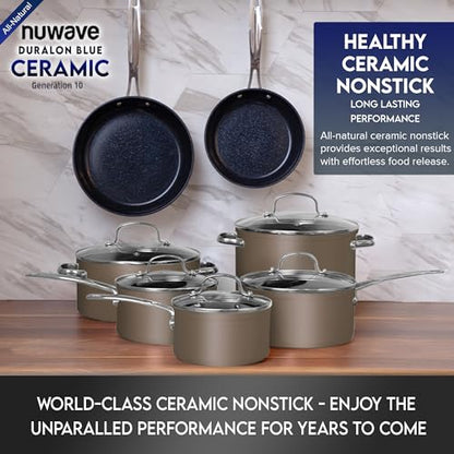 Nuwave Healthy Duralon Blue Ceramic Nonstick Cookware Set, Diamond Infused Scratch-Resistant, PFAS Free, Dishwasher & Oven Safe, Induction Ready & Evenly Heats,Tempered Glass Lids & Stay-Cool Handles