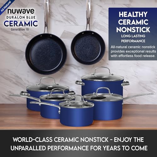 Nuwave Healthy Duralon Blue Ceramic Nonstick Cookware Set, Diamond Infused Scratch-Resistant, PFAS Free, Dishwasher & Oven Safe, Induction Ready & Evenly Heats,Tempered Glass Lids & Stay-Cool Handles