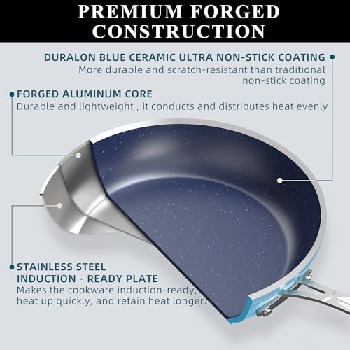 Nuwave Healthy Duralon Blue Ceramic Nonstick Cookware Set, Diamond Infused Scratch-Resistant, PFAS Free, Dishwasher & Oven Safe, Induction Ready & Evenly Heats,Tempered Glass Lids & Stay-Cool Handles