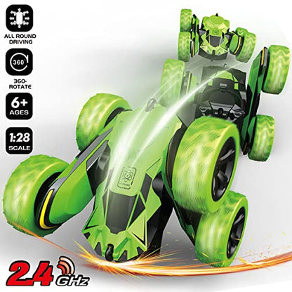 Threeking RC Stunt Cars Remote Control Car Double-Sided Driving 360-degree Flips Rotating Car Toy, Green