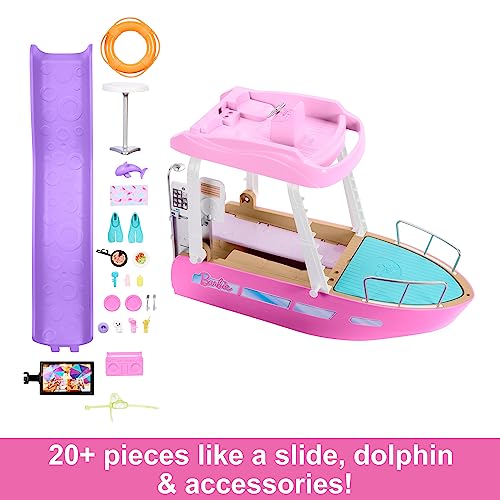 Barbie Toy Boat Playset, Dream Boat with 20+ Ocean-Themed Accessories Sized to Fashion Dolls Including Pool, Slide & Dolphin,