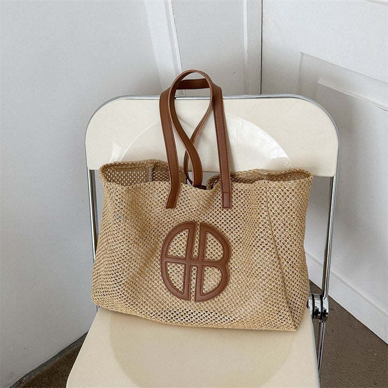 Straw Hollow Out Knitting Tote Bag Large Capacity Handmade Shoulder Handbag Women  Designer Casual Beach Bag Ethnic Style