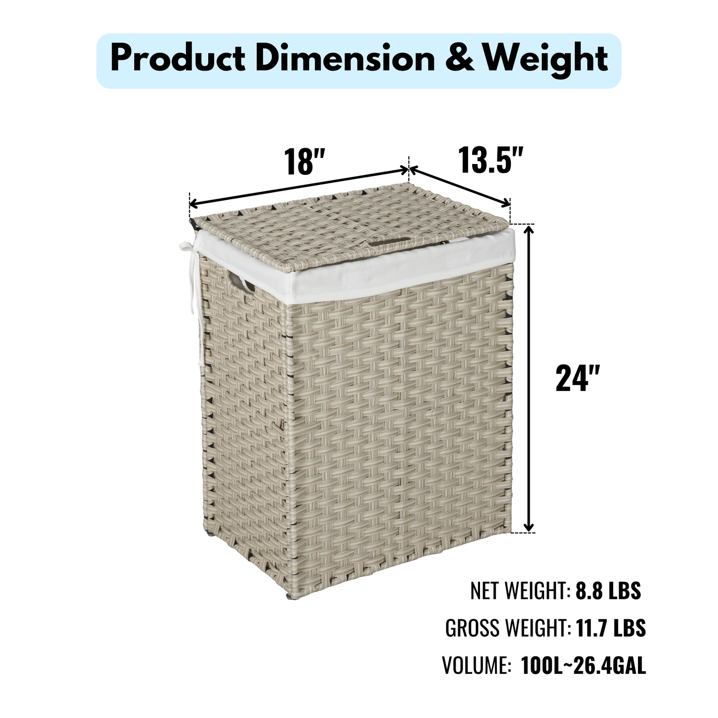 Laundry Hamper With Lid PE Rattan Powder Coating Frame Clothes Hampers with 02 Removable Bags, 100L, Grey Color