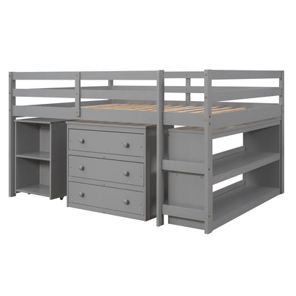 Low Study Full Loft Bed with Cabinet Shelves and Rolling Portable Desk Multiple Functions Bed- Gray