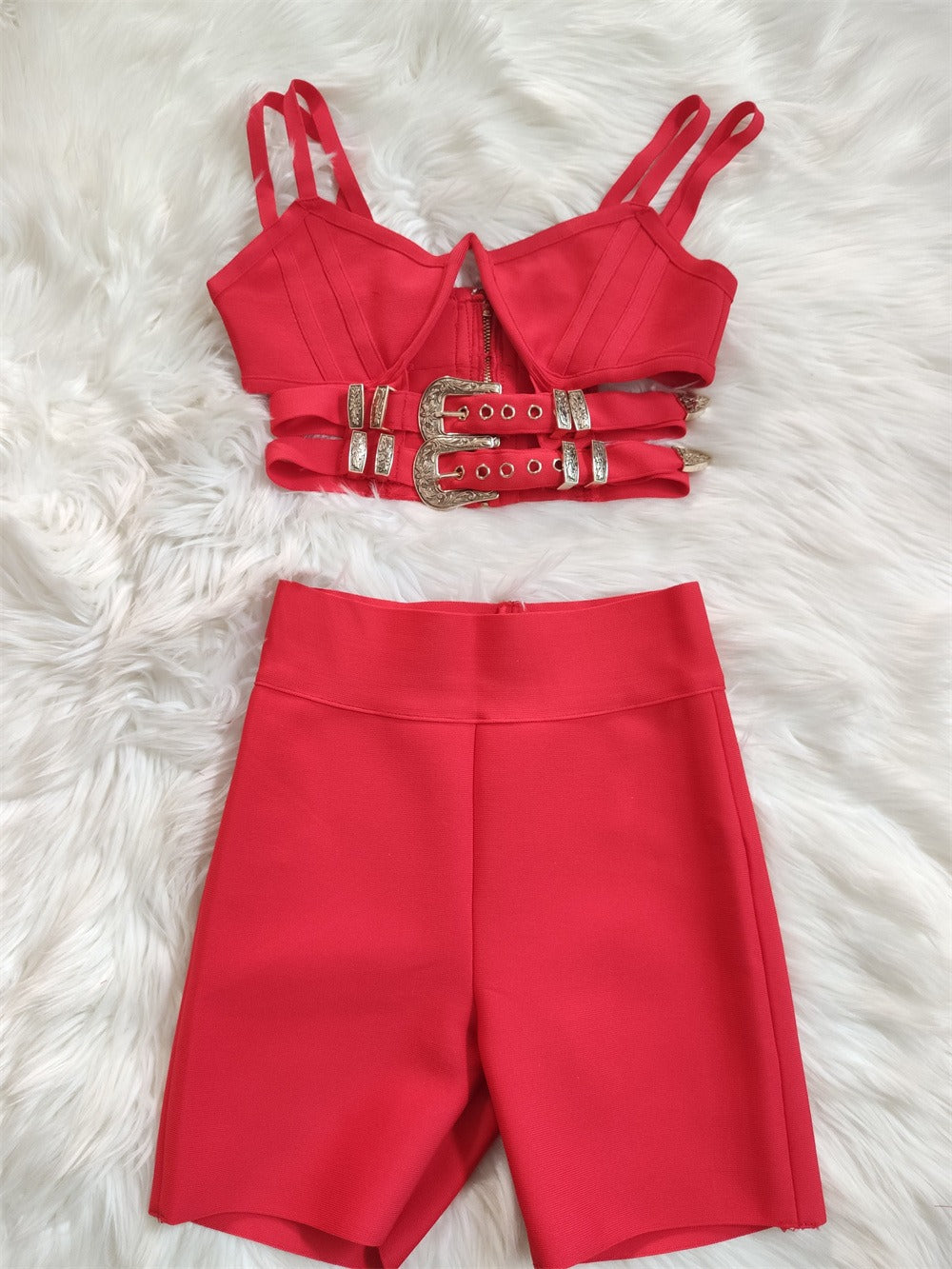 Strap top shorts set, bandage skirt, lion head buckle, light luxury, sexy and slim fit party