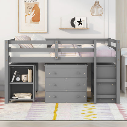 Low Study Full Loft Bed with Cabinet Shelves and Rolling Portable Desk Multiple Functions Bed- Gray