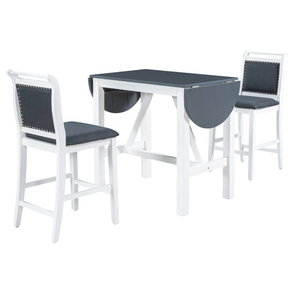 TOPMAX 3-Piece Wood Counter Height Drop Leaf Dining Table Set with 2 Upholstered Dining Chairs for Small Place White+Gray