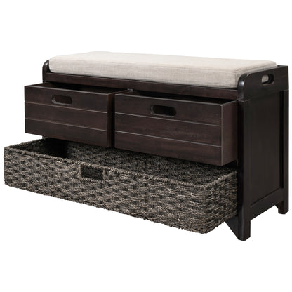 TREXM Storage Bench with Removable Basket and 2 Drawers, Fully Assembled Shoe Bench with Removable Cushion (Espresso)