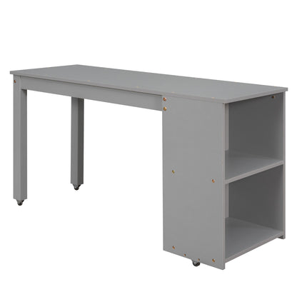 Low Study Full Loft Bed with Cabinet Shelves and Rolling Portable Desk Multiple Functions Bed- Gray