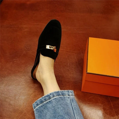 Cowhide low heeled round toe metal buckle toe wrap back air cool slipper for women's oversized shoes