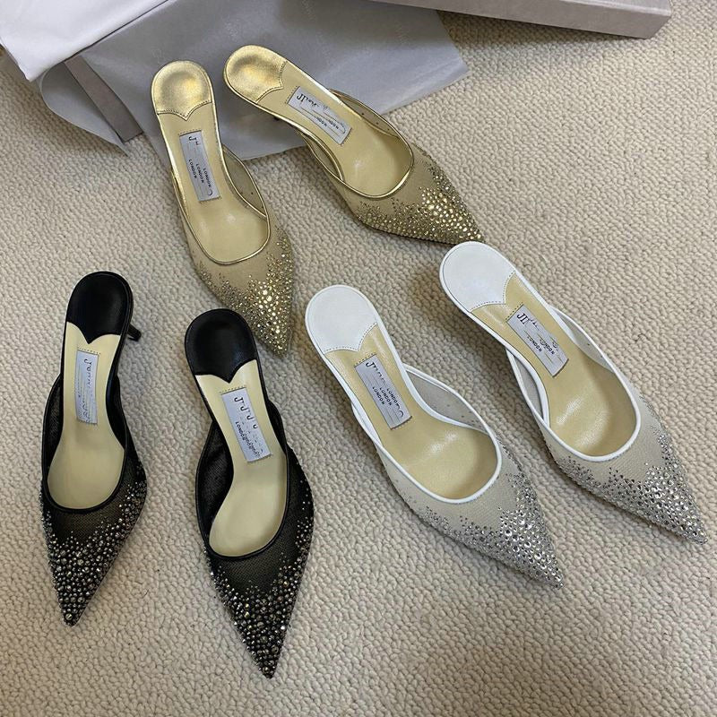 Mesh hot diamond high heel slippers, pointed slippers, single toe shoes, crystal