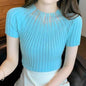 Mesh with diamond round neck bottom top for women's new solid color slim fit short sleeved shirt