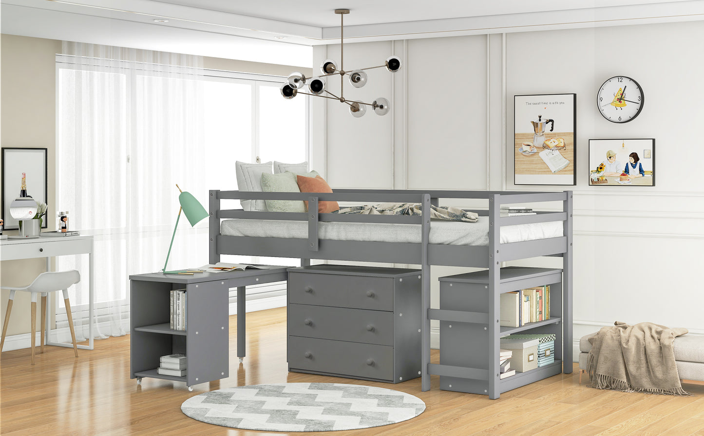 Low Study Twin Loft Bed with Cabinet and Rolling Portable Desk - Gray (OLD SKU :LP000113AAE)