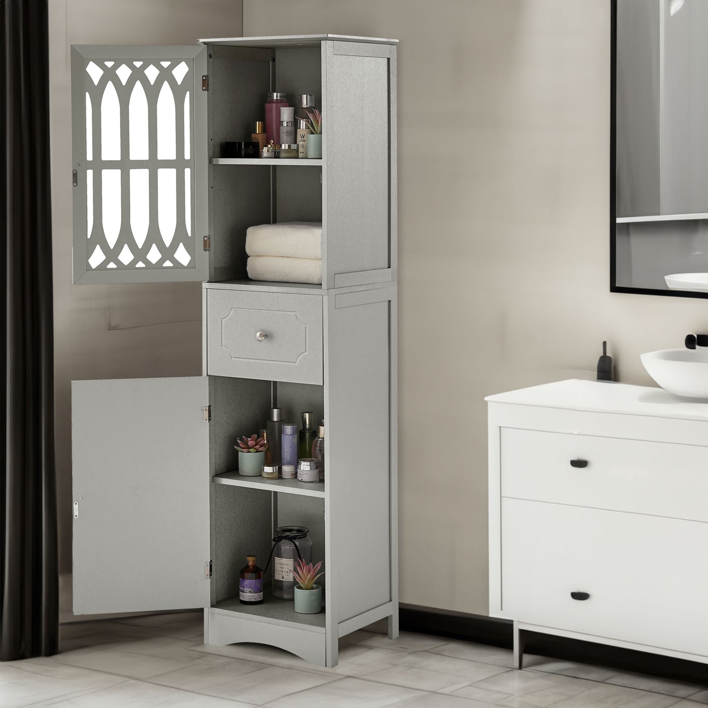 Tall Bathroom Cabinet, Freestanding Storage Cabinet with Drawer and Doors, MDF Board, Acrylic Door, Adjustable Shelf, Grey