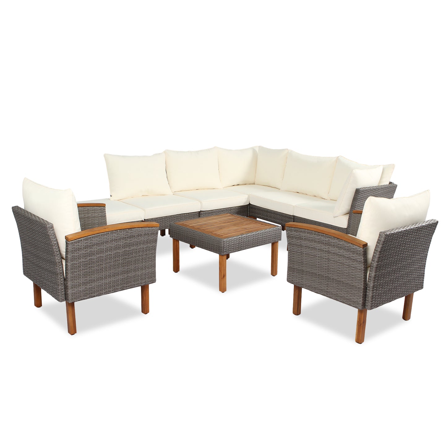 9-piece Patio rattan furniture set with Acacia wooden legs and tabletop sofa set, coffee table washable cushion beige