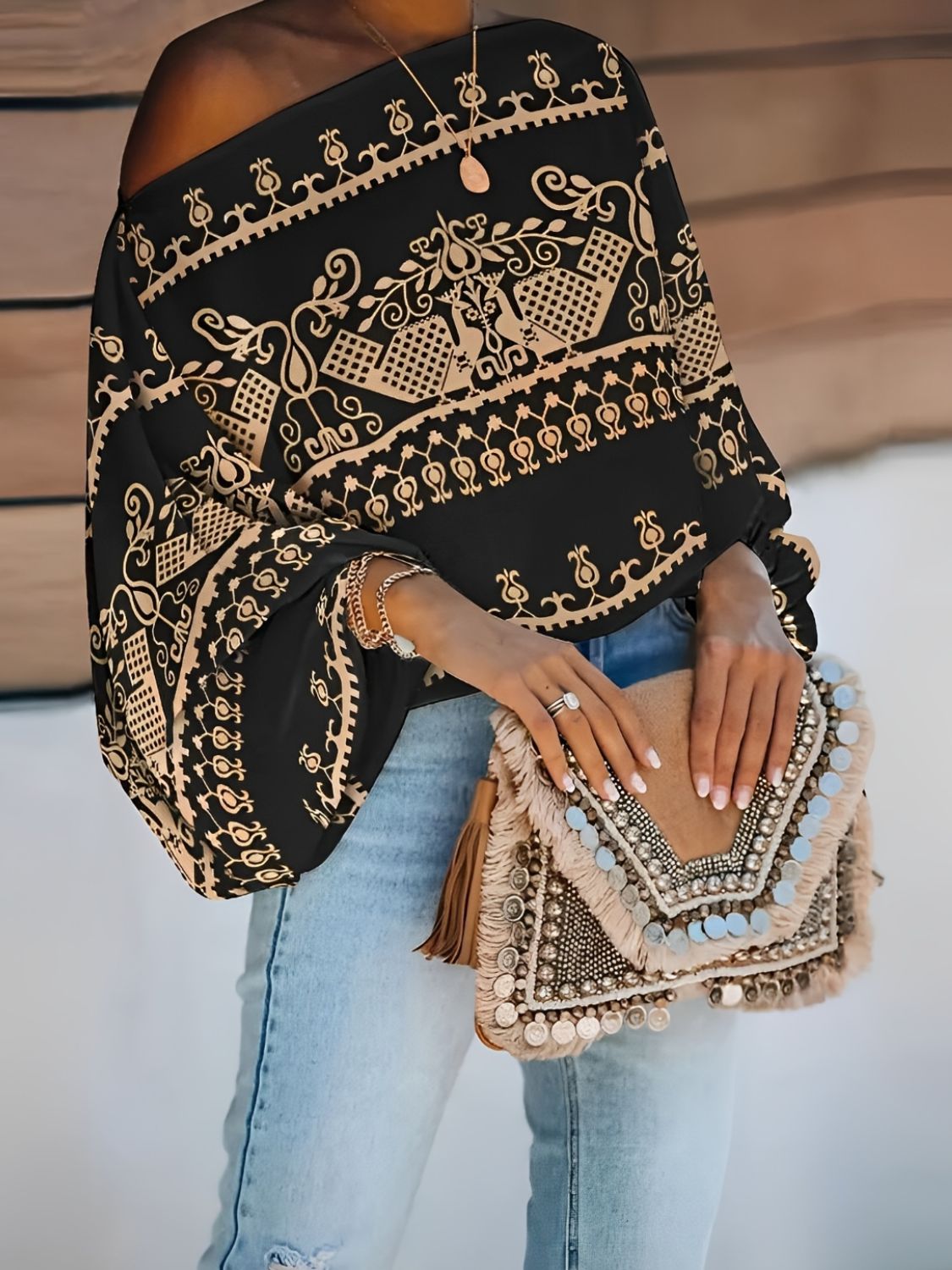 Printed One Shoulder Long Sleeve Blouse