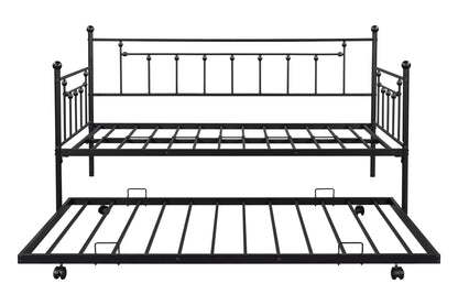 Metal double bed with ear shaft/sturdy/noise reduction/flexible ear shaft/retro style/no need for spring box (Black)