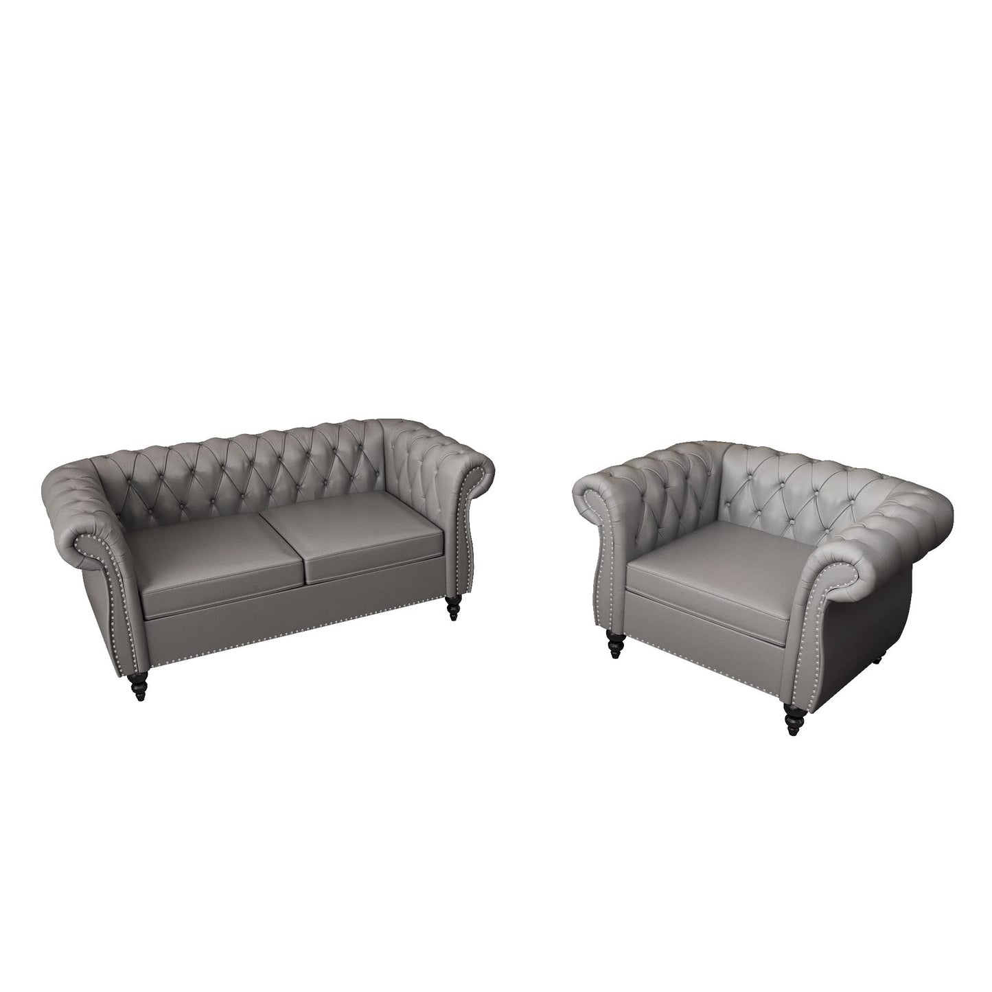 3 Piece Living Room Set, Chesterfield Velvet Sofa Loveseat Couch Chair with Scroll Arms and Nailhead for Living Room, Office (Grey, 1-2-3)