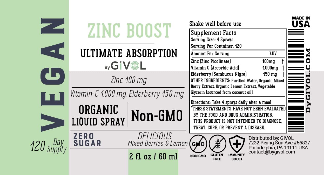 Organic ZINC Boost Mist 100 g (Extra Strength) - Sugar Free with Vit C and Elderberry Extract - Vegan Liquid Spray for Kids and Adults - Easy Absorption - Non-GMO - (60 ml) 60 Days Supply