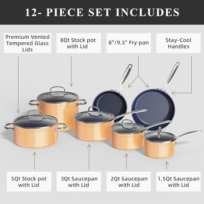 Nuwave Healthy Duralon Blue Ceramic Nonstick Cookware Set, Diamond Infused Scratch-Resistant, PFAS Free, Dishwasher & Oven Safe, Induction Ready & Evenly Heats,Tempered Glass Lids & Stay-Cool Handles