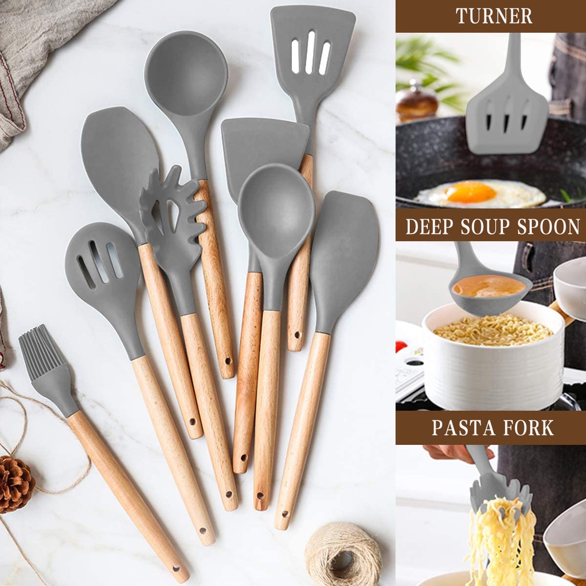 Umite Chef Kitchen Cooking Utensils Set, 33 pcs Non-Stick Silicone Cooking Kitchen Utensils Spatula Set with Holder, Wooden Handle Silicone Kitchen Gadgets Utensil Set (Khaki)