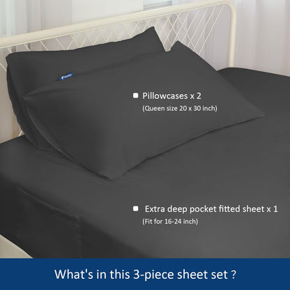 Extra Deep Pocket Queen Sheet Sets for Air Mattress - Deep Pocket Sheets Queen Size Sets - Sheets with Pocket on Side - Easily Fits Extra Deep 16 in to 24 in Pillow Top Air Mattress (Grey)