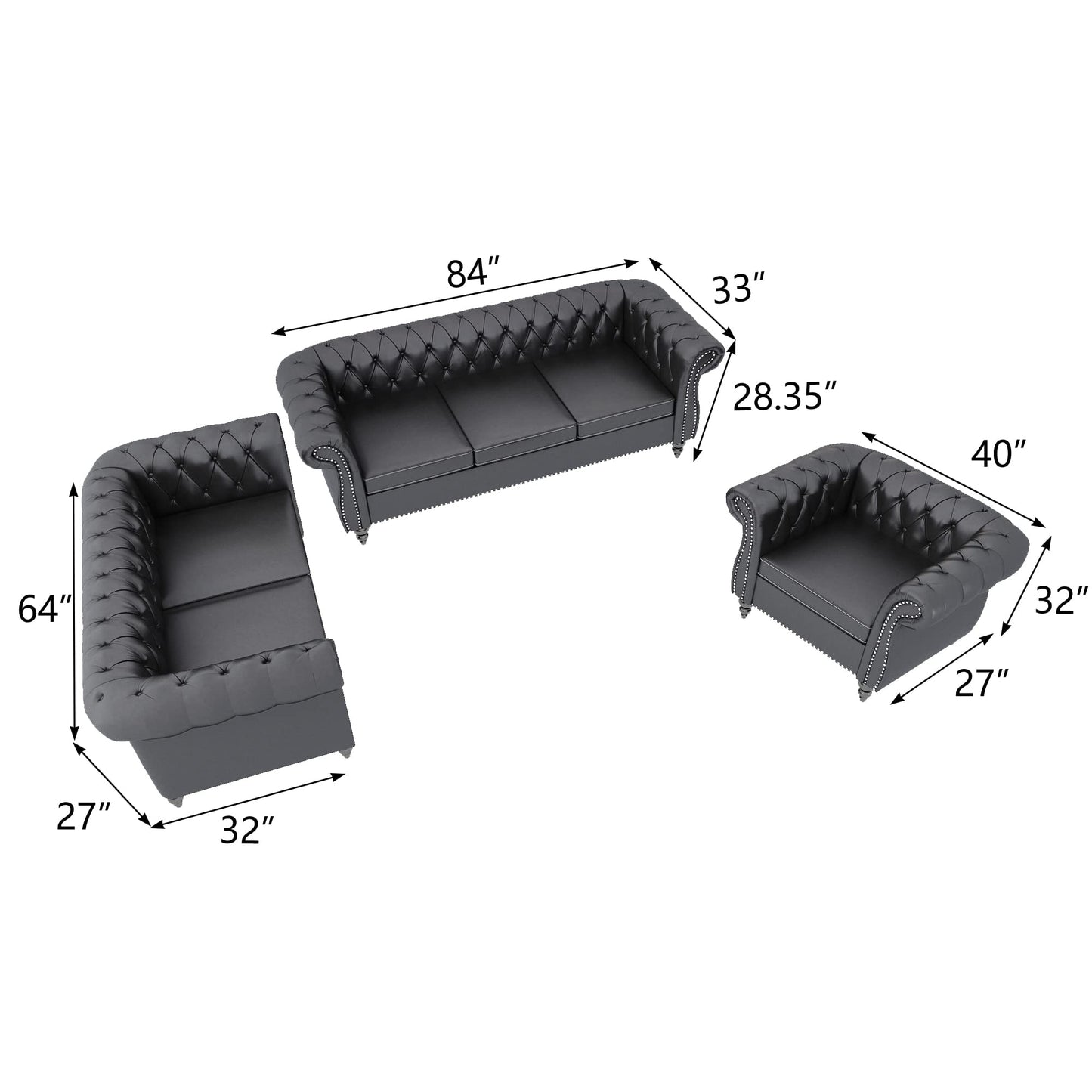 3 Piece Living Room Set, Chesterfield Velvet Sofa Loveseat Couch Chair with Scroll Arms and Nailhead for Living Room, Office (Grey, 1-2-3)