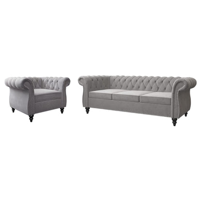 3 Piece Living Room Set, Chesterfield Velvet Sofa Loveseat Couch Chair with Scroll Arms and Nailhead for Living Room, Office (Grey, 1-2-3)