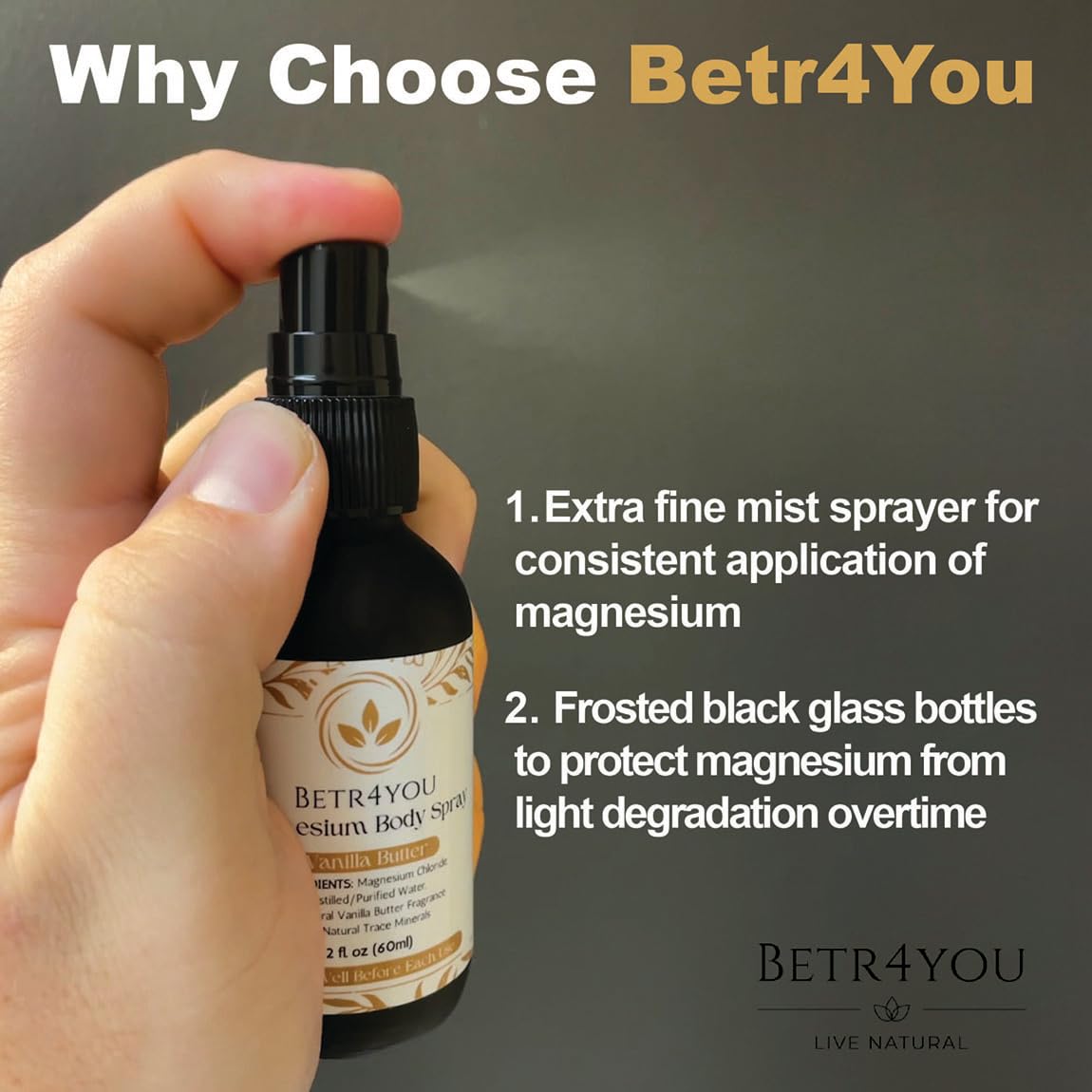 BETR4YOU Official | Topical Magnesium Body Spray | 2 Fl. Oz. | Viral TikTok Product (Pure(Unfragranced))