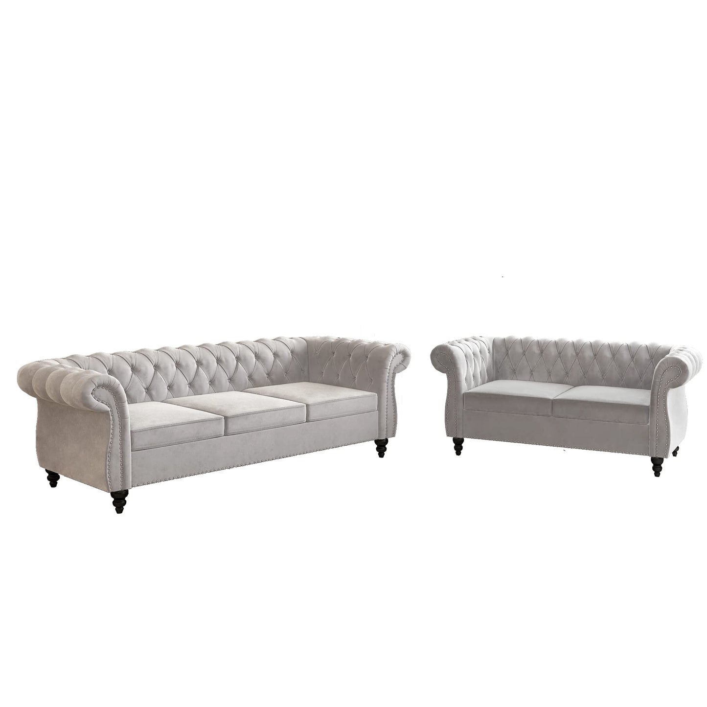 3 Piece Living Room Set, Chesterfield Velvet Sofa Loveseat Couch Chair with Scroll Arms and Nailhead for Living Room, Office (Grey, 1-2-3)