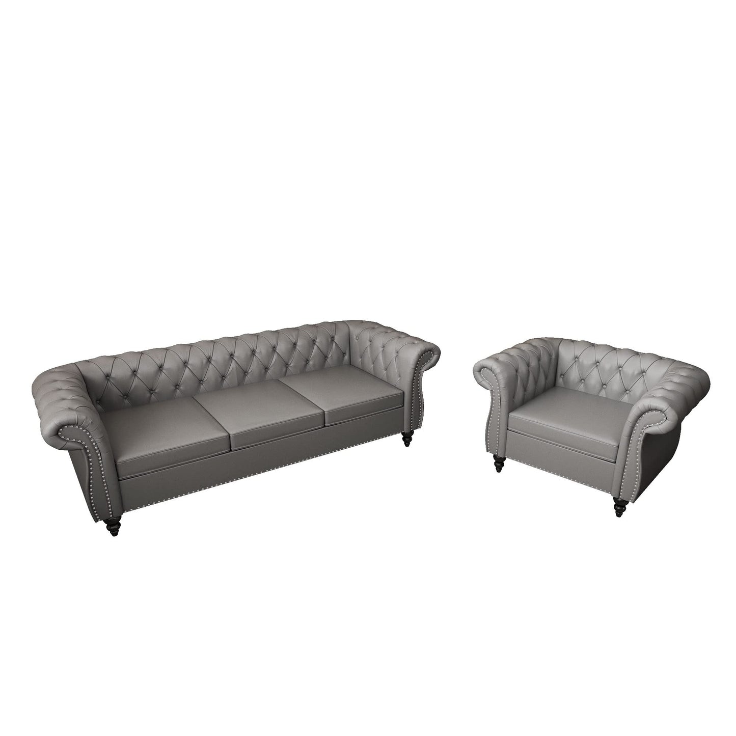 3 Piece Living Room Set, Chesterfield Velvet Sofa Loveseat Couch Chair with Scroll Arms and Nailhead for Living Room, Office (Grey, 1-2-3)