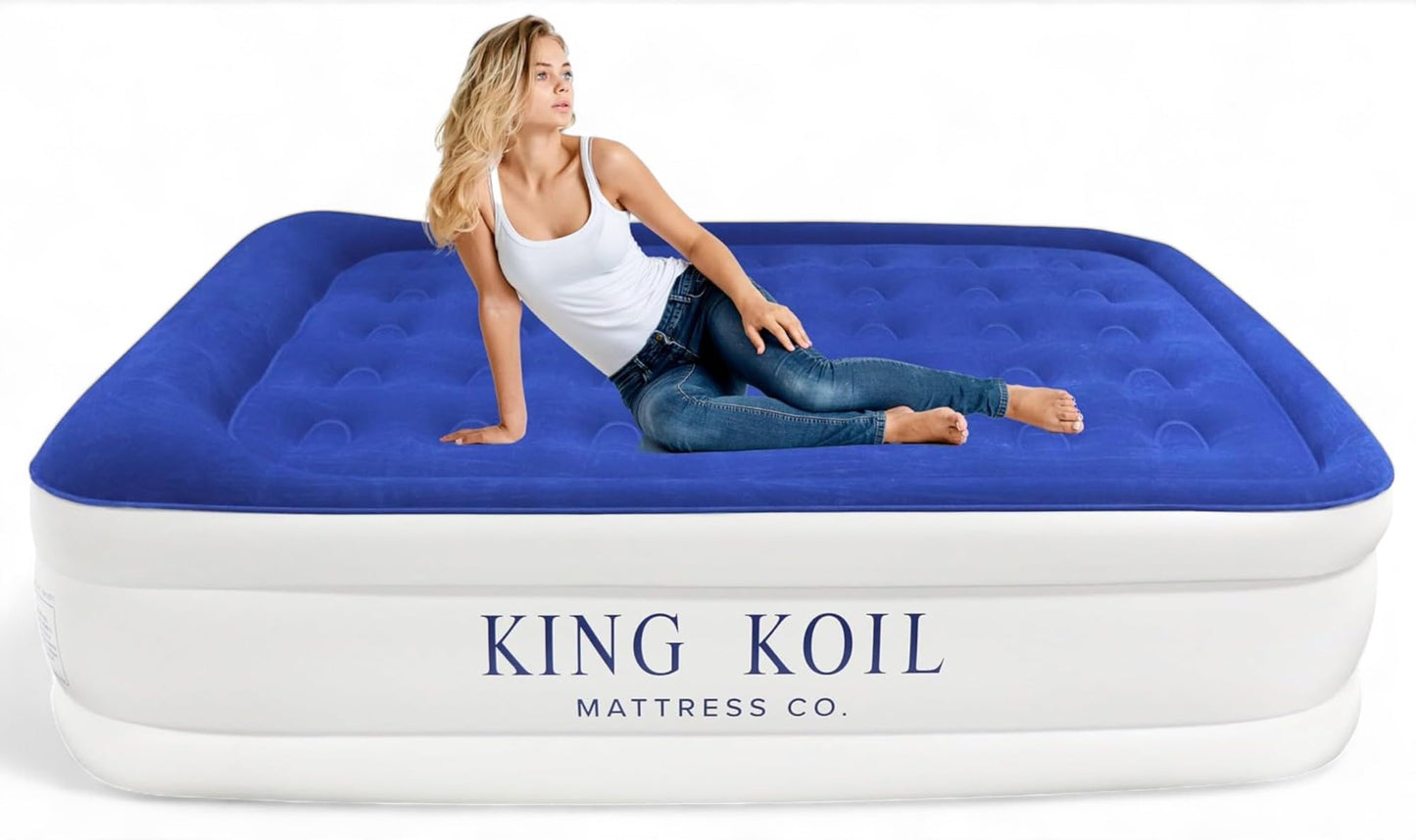 King Koil Plush Pillow Top King Air Mattress with Built-in High-Speed Pump Best for Home, Camping, Guests, 20" King Size Luxury Double Airbed Adjustable Blow Up Mattress, Waterproof, 1-Year Warranty.