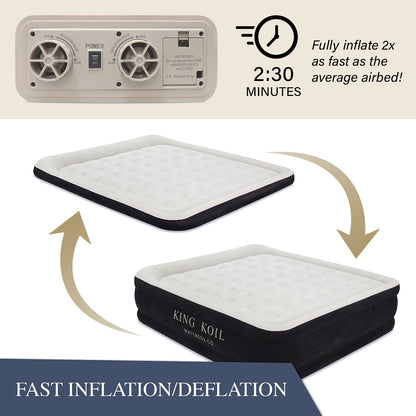 King Koil Plush Pillow Top King Air Mattress with Built-in High-Speed Pump Best for Home, Camping, Guests, 20" King Size Luxury Double Airbed Adjustable Blow Up Mattress, Waterproof, 1-Year Warranty.