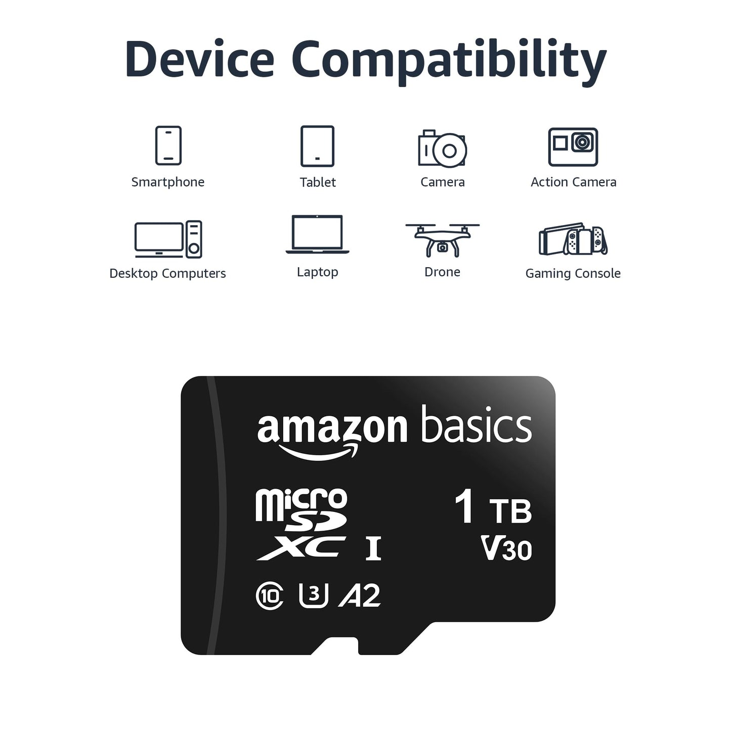 Amazon Basics Micro SDXC Memory Card with Full Size Adapter, A2, U3, Read Speed up to 100 MB/s, 128 GB, Black