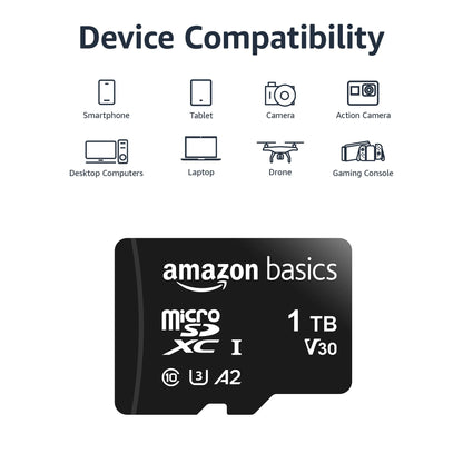 Amazon Basics Micro SDXC Memory Card with Full Size Adapter, A2, U3, Read Speed up to 100 MB/s, 128 GB, Black