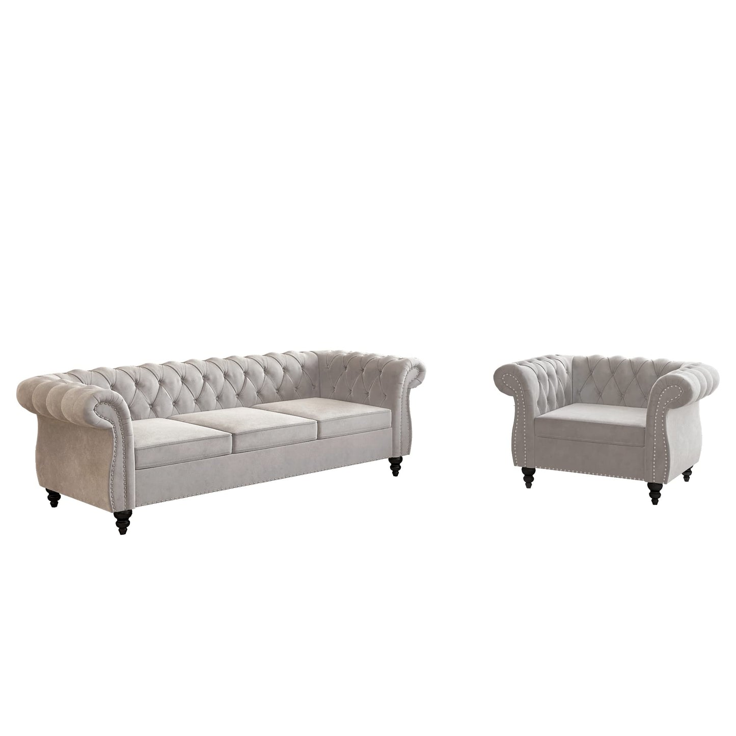 3 Piece Living Room Set, Chesterfield Velvet Sofa Loveseat Couch Chair with Scroll Arms and Nailhead for Living Room, Office (Grey, 1-2-3)