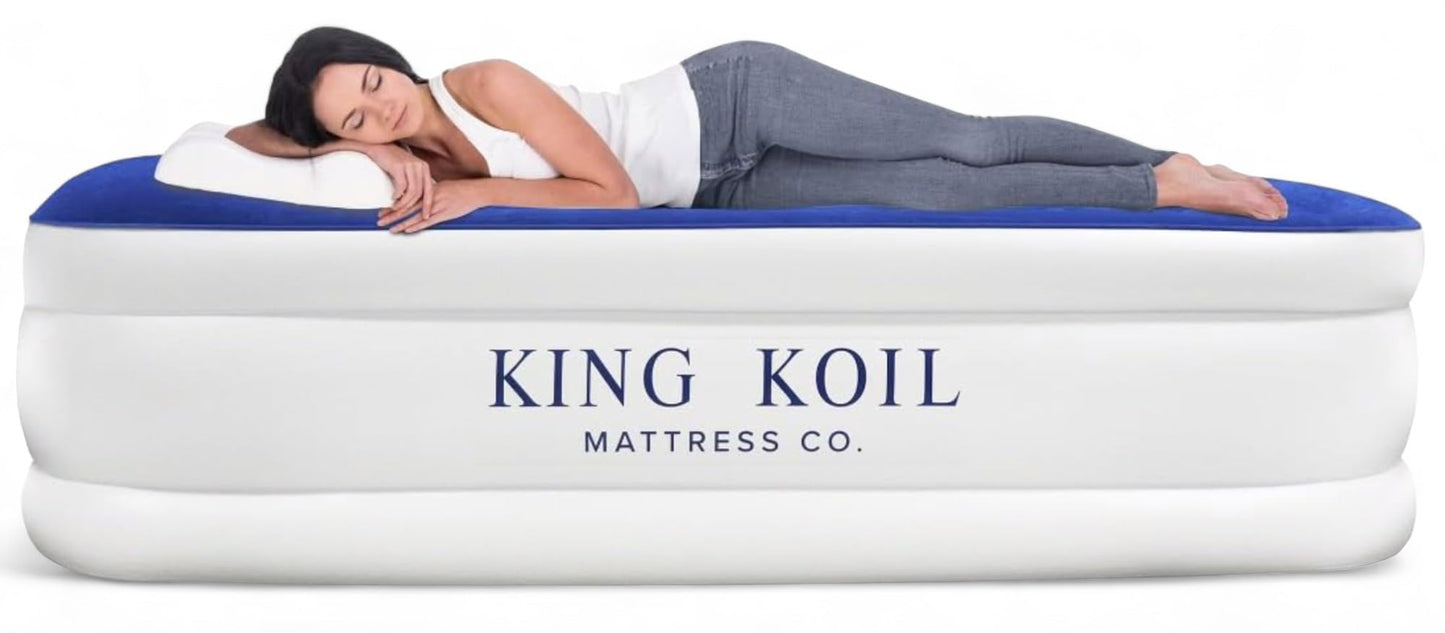 King Koil Plush Pillow Top King Air Mattress with Built-in High-Speed Pump Best for Home, Camping, Guests, 20" King Size Luxury Double Airbed Adjustable Blow Up Mattress, Waterproof, 1-Year Warranty.