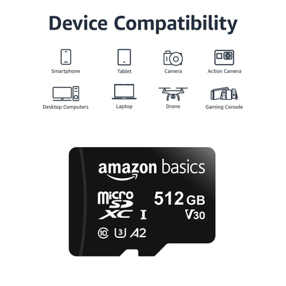 Amazon Basics Micro SDXC Memory Card with Full Size Adapter, A2, U3, Read Speed up to 100 MB/s, 128 GB, Black