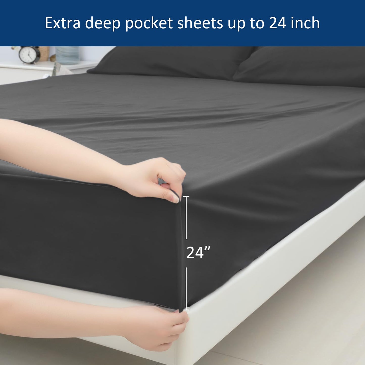 Extra Deep Pocket Queen Sheet Sets for Air Mattress - Deep Pocket Sheets Queen Size Sets - Sheets with Pocket on Side - Easily Fits Extra Deep 16 in to 24 in Pillow Top Air Mattress (Grey)