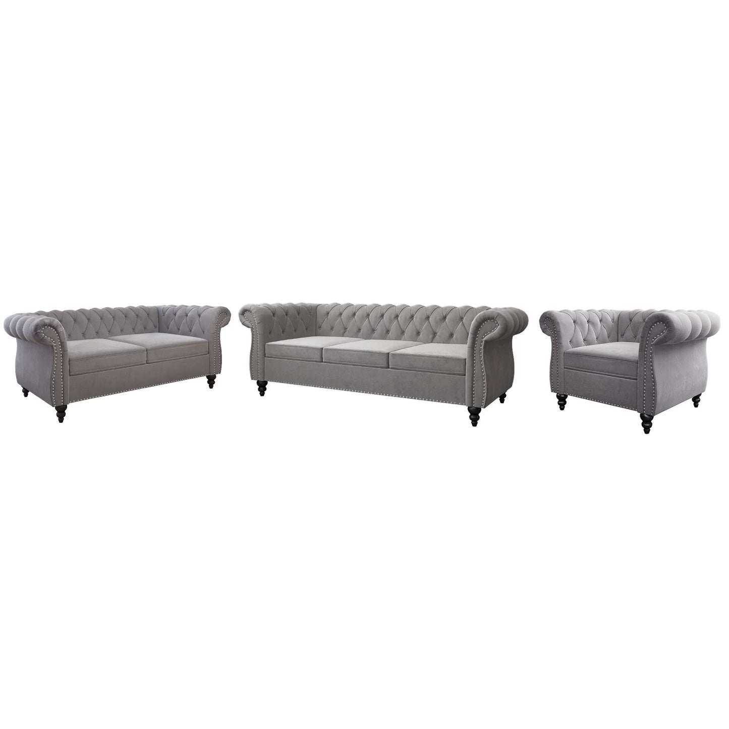 3 Piece Living Room Set, Chesterfield Velvet Sofa Loveseat Couch Chair with Scroll Arms and Nailhead for Living Room, Office (Grey, 1-2-3)