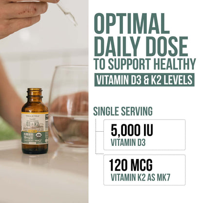 Organic Plant D3 + K2 (5000 iu D3) - All-Trans MK7 from MenaQ7 (120 mcg K2) - 100% Organic & Plant-Based Sublingual D3 Drops (Cholecalciferol), 100% Vegan - Supports Immunity, Bone(1oz)