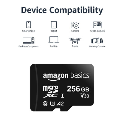 Amazon Basics Micro SDXC Memory Card with Full Size Adapter, A2, U3, Read Speed up to 100 MB/s, 128 GB, Black